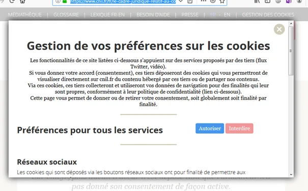 Fenêtre de gestion des préférences sur les cookies