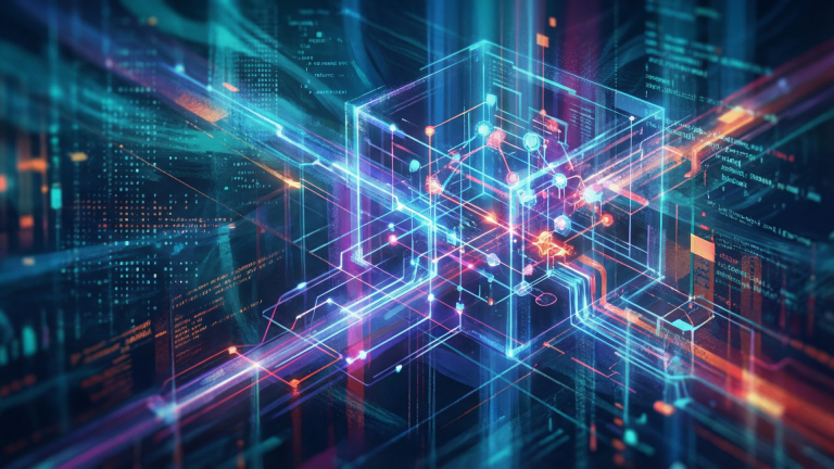 Illustration abstraite d'une architecture réseau 3D avec cubes translucides, lignes lumineuses et nœuds connectés en bleu, cyan et orange.