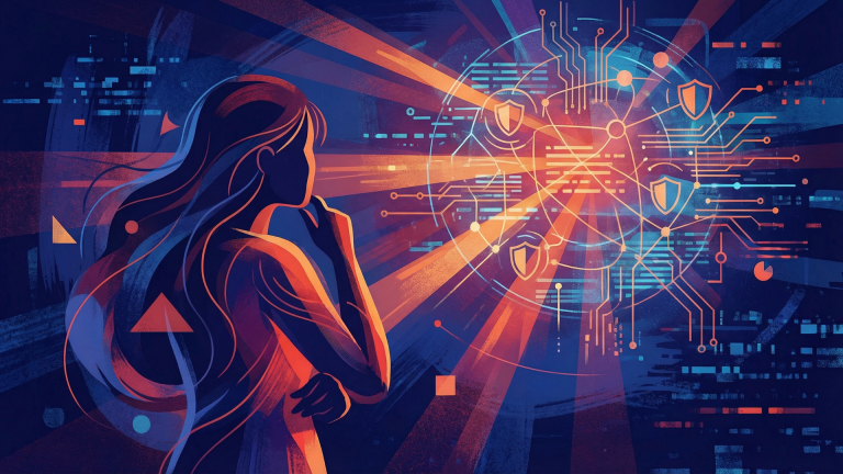 Illustration abstraite d'une femme observant des éléments de sécurité numérique, cadenas et circuits lumineux en orange et bleu