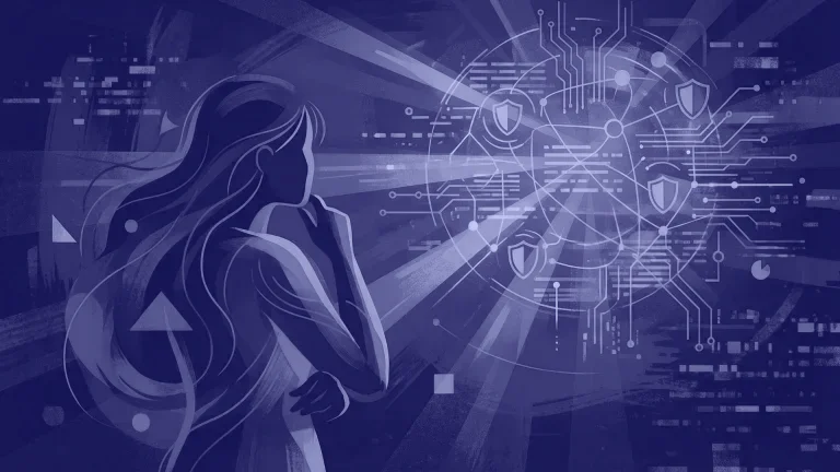 Illustration abstraite d'une femme observant des éléments de sécurité numérique, cadenas et circuits lumineux en orange et bleu