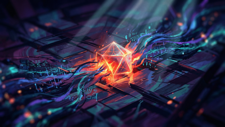 Structure géométrique orange rougeoyante sur circuit technologique avec lignes cyan et violettes