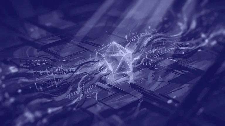 Structure géométrique orange rougeoyante sur circuit technologique avec lignes cyan et violettes