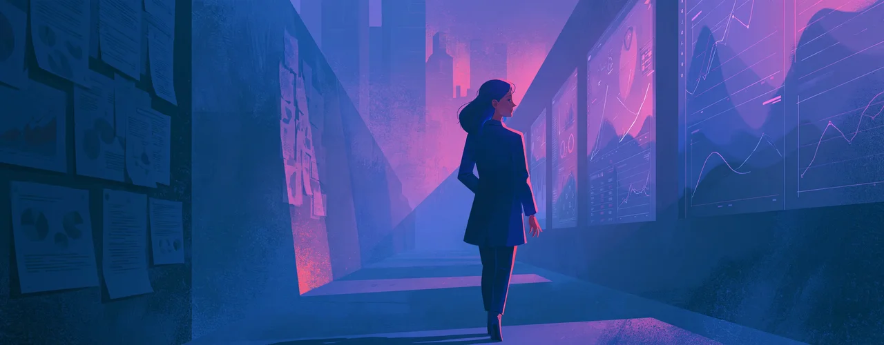 Illustration abstraite d'une équipe de cinq personnes travaillant autour d'une table dans une salle technologique avec des spirales rouges et bleues au plafond
